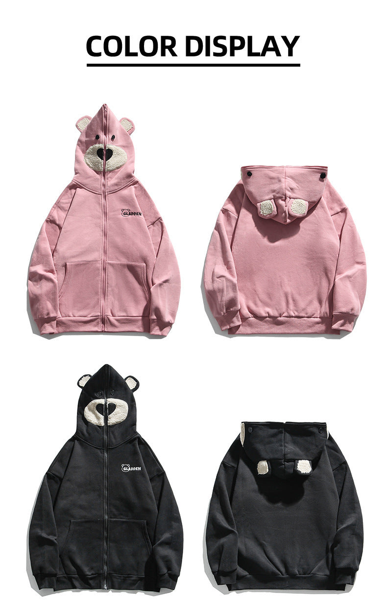 Bear embroidered couple zipper cardigan jacket