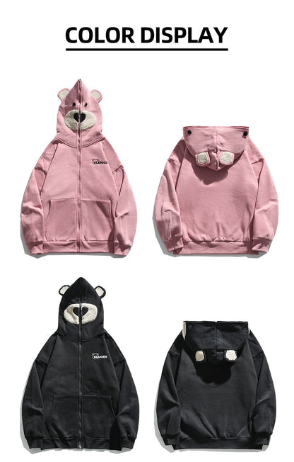 Bear embroidered couple zipper cardigan jacket