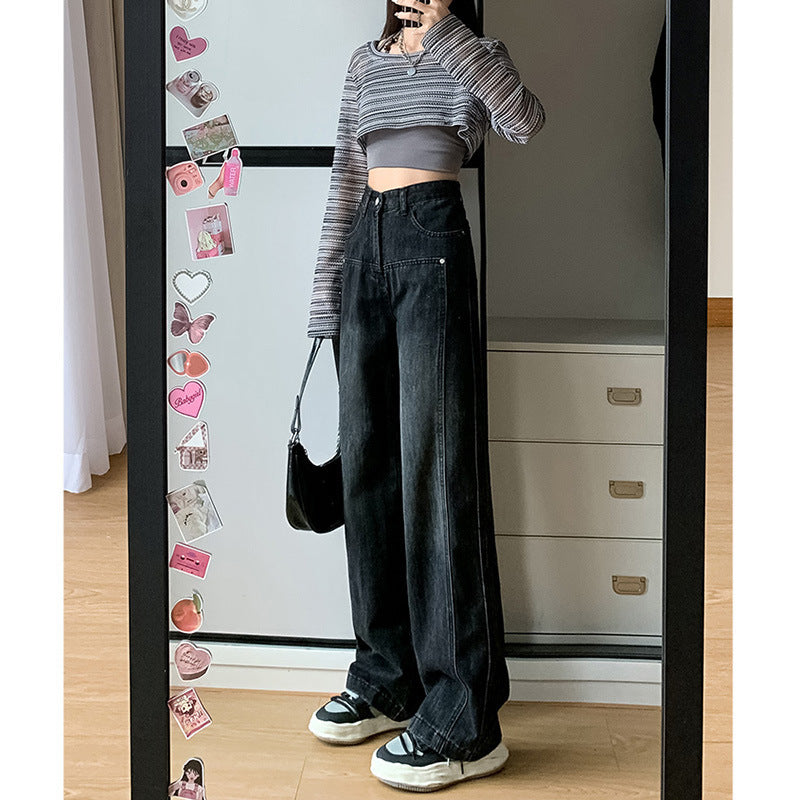 Washed Wide-leg Men And Women Autumn And Winter New Large Size Pear-shaped High Waist Slim Straight Trousers