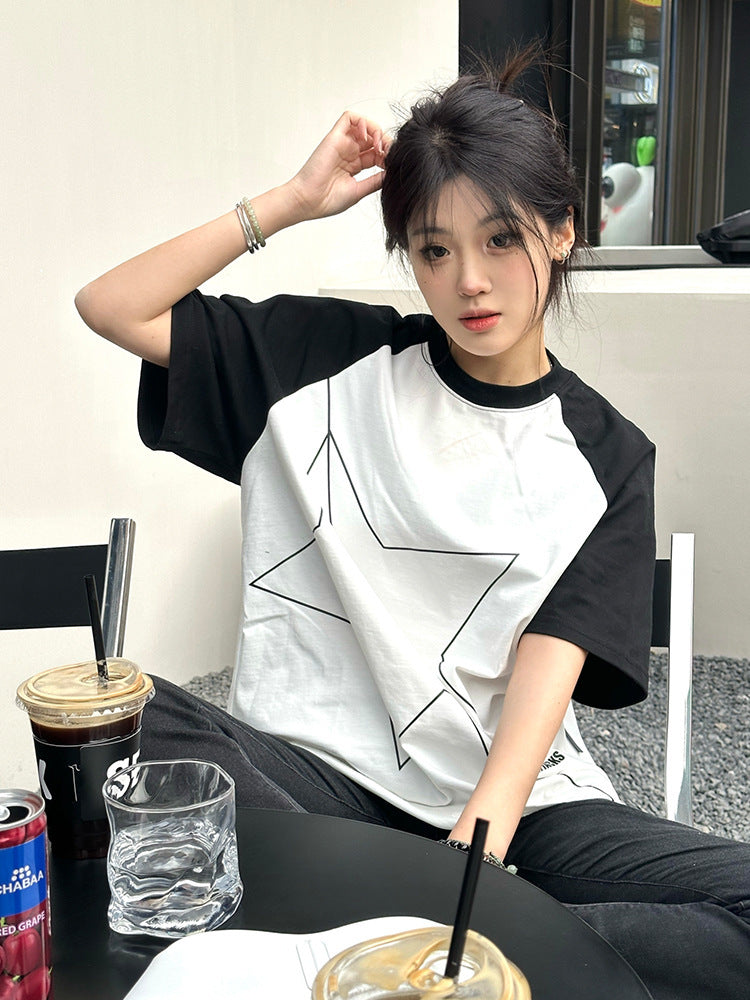 White Raglan Sleeve XINGX Printing Color Contrast Niche Design Top - The Number 1 Things