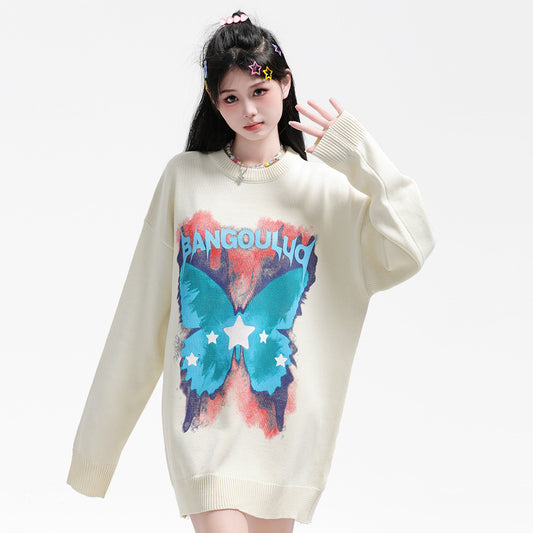 Niche Butterfly Print Loose Round Neck Sweater - The Number 1 Things