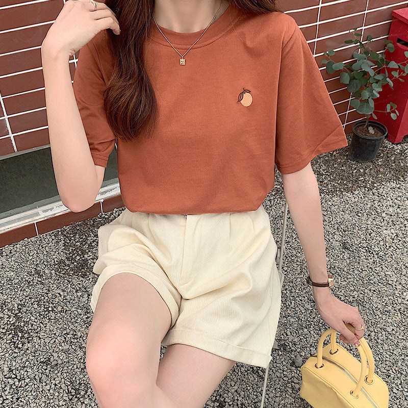 Women's Cotton Orange Embroidered Short-sleeved T-shirt New - The Number 1 Things