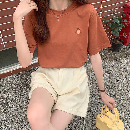 Women's Cotton Orange Embroidered Short-sleeved T-shirt New - The Number 1 Things
