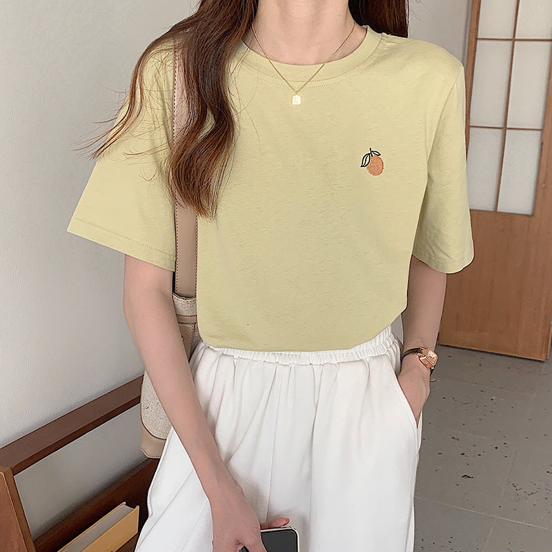Women's Cotton Orange Embroidered Short-sleeved T-shirt New - The Number 1 Things