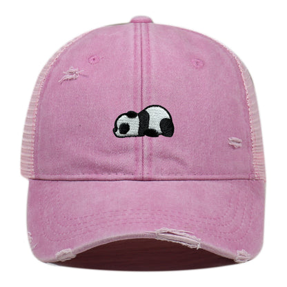 Water Washed Hole Panda Embroidered Baseball Cap