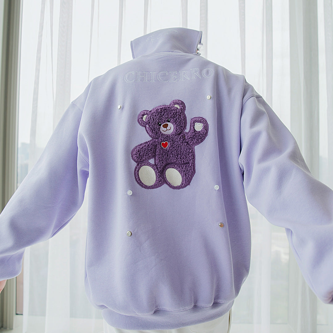 Turtleneck Long-sleeved Top Design Sense Of Flocking Letters On The Back Cute Bear Loose Round Neck Sweater