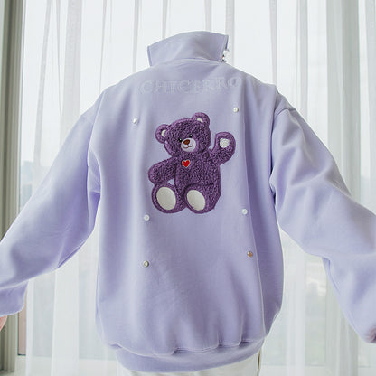 Turtleneck Long-sleeved Top Design Sense Of Flocking Letters On The Back Cute Bear Loose Round Neck Sweater
