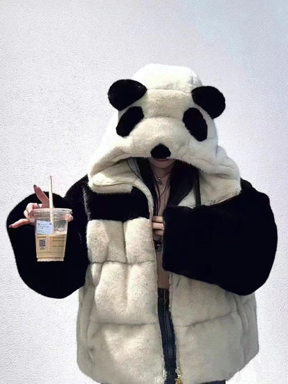 Retro Loose Youthful-looking Handmade Old Panda Hooded Down Jacket Coat For Women