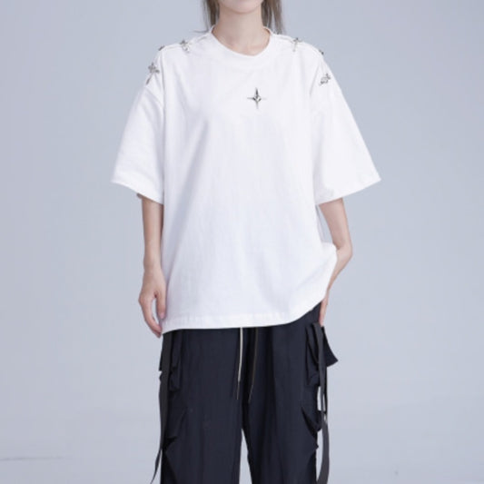Niche Deconstruction Metal Buckle Padded Shoulder Design Short Sleeve - The Number 1 Things