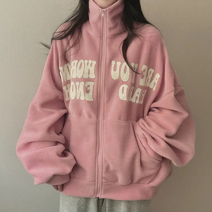 Women's Alphabet Plus Velvet Loose Cardigan Zipper Simple Sweater - The Number 1 Things