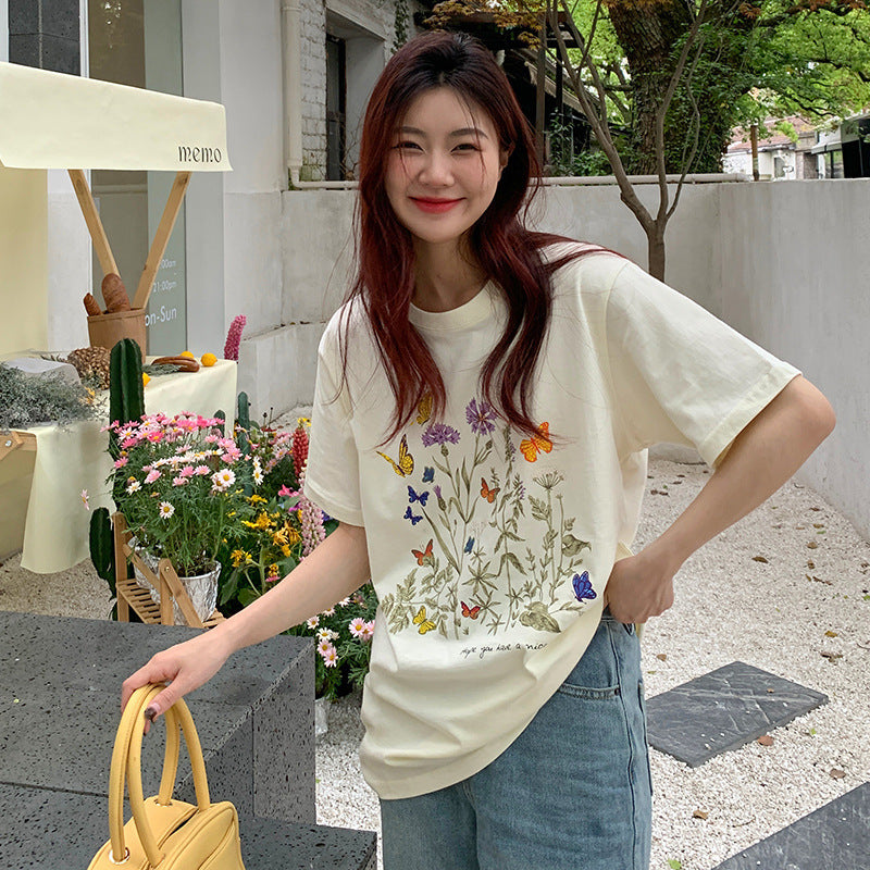New Pure Cotton Heel Wrapped Collar Personality Flower Print Top - The Number 1 Things