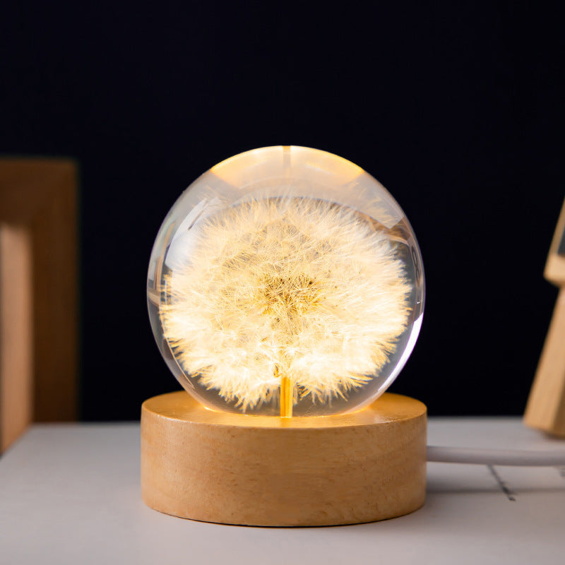 Luminous 3D Dandelion Crystal Ball Beech Wood Stand Base Preserved Flower Sphere Ball Desktop Ornaments Bithday Christmas Gifts - The Number 1 Things