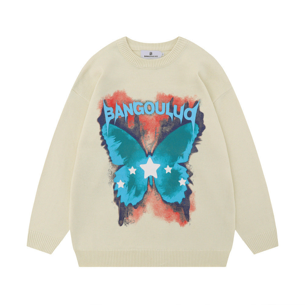 Niche Butterfly Print Loose Round Neck Sweater - The Number 1 Things