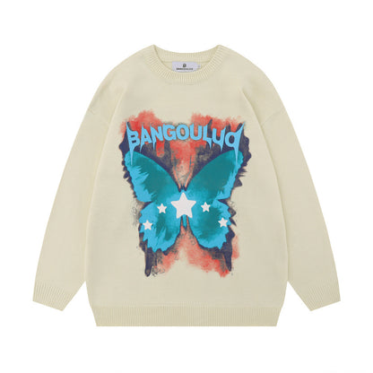 Niche Butterfly Print Loose Round Neck Sweater - The Number 1 Things