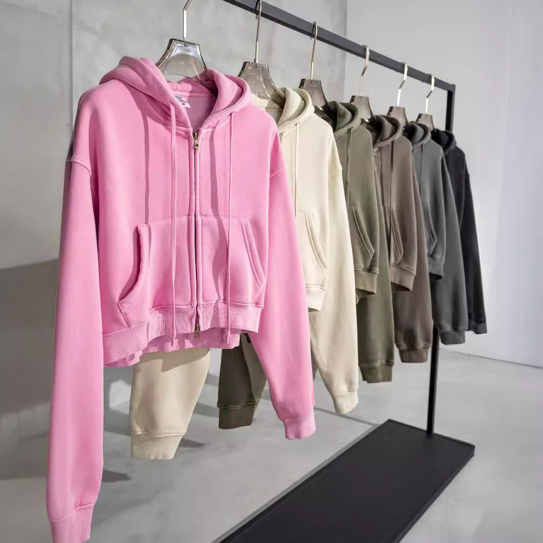 Retro Washed Color Contrast Short Hooded Zip Cardigan Sweater - The Number 1 Things