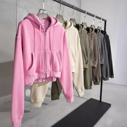 Retro Washed Color Contrast Short Hooded Zip Cardigan Sweater - The Number 1 Things