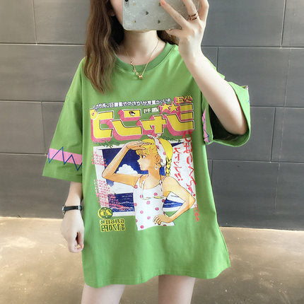 Super fire loose short-sleeved t-shirt women's cotton net red clothes women ins tide