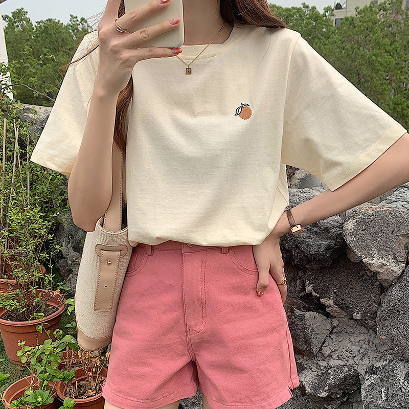 Women's Cotton Orange Embroidered Short-sleeved T-shirt New - The Number 1 Things