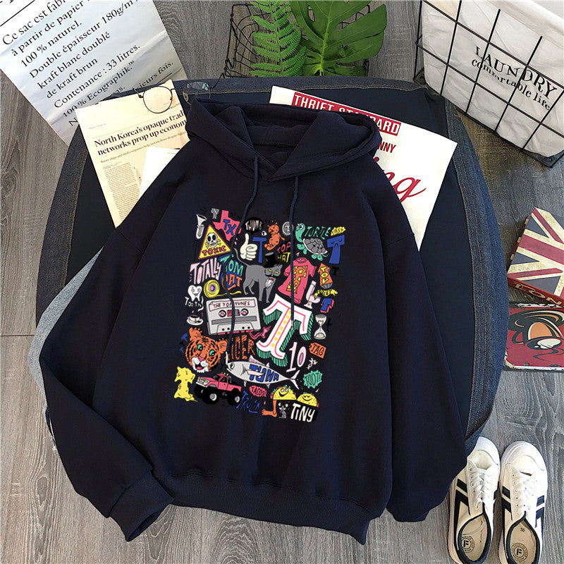 Women's Loose Cartoon Letter Hooded Plus Fleece Sweater - The Number 1 Things