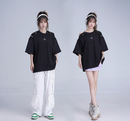 Niche Deconstruction Metal Buckle Padded Shoulder Design Short Sleeve - The Number 1 Things