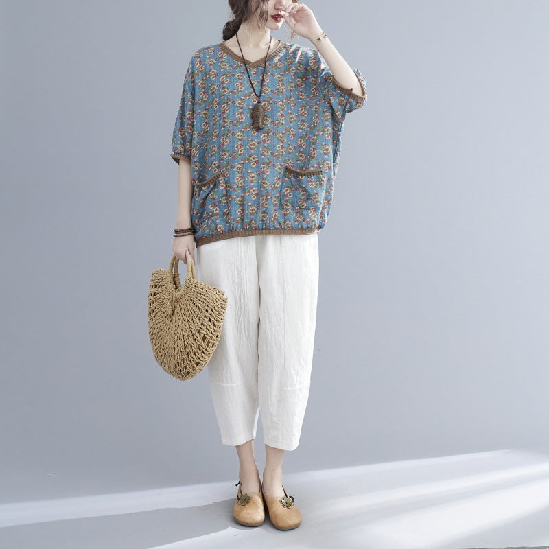 Women's Printed V-neck Short-sleeved Blouse - The Number 1 Things