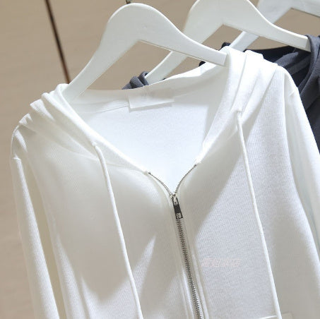 White Hooded Long Sleeve Zipper Short Sweater - The Number 1 Things
