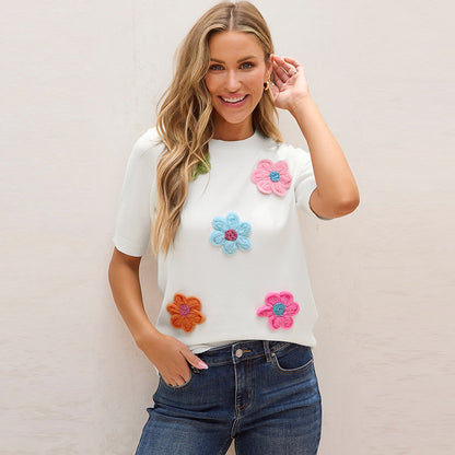 Three-dimensional Flower Decoration Half-sleeve Top European And American Commuters' Knitted - The Number 1 Things