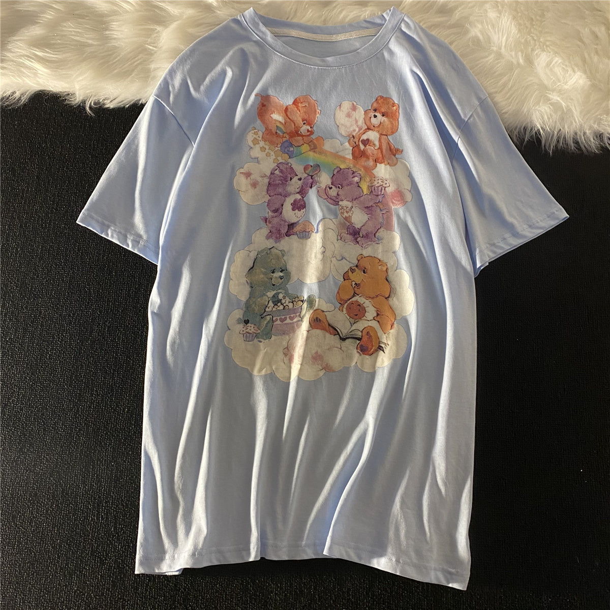 Vintage Girl Japanese Milk Blue Bear Short-sleeved T-shirt Tide Summer Loose Retro Ins Harajuku Style Compassionate Top