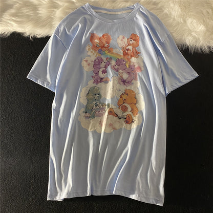 Vintage Girl Japanese Milk Blue Bear Short-sleeved T-shirt Tide Summer Loose Retro Ins Harajuku Style Compassionate Top