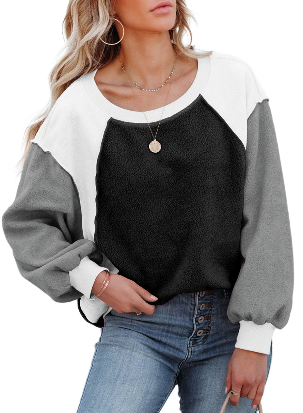 Fleece Lantern Sleeve Sweater Plush Contrast Color Long Sleeve Pullover Top - The Number 1 Things