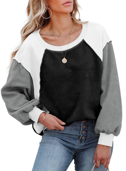 Fleece Lantern Sleeve Sweater Plush Contrast Color Long Sleeve Pullover Top - The Number 1 Things