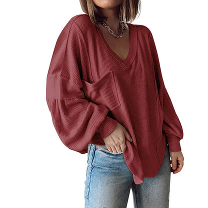 Casual V-neck Pocket Lantern Sleeve Loose Knitted Pullover Shirt Women - The Number 1 Things