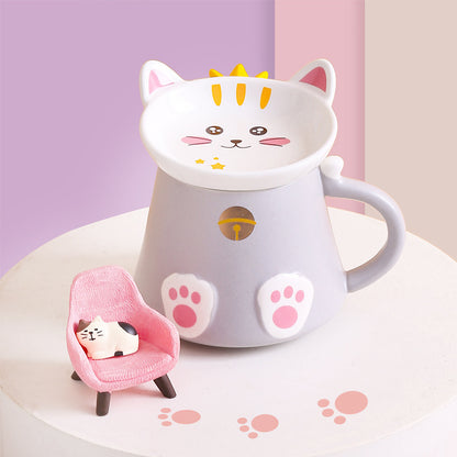 Cartoon Cat Ceramic Mug With Lid Spoon Cup