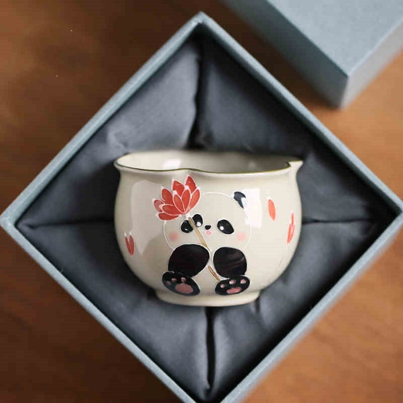Hand Painted Panda Tea Cup Grass Wood Gray Ceramic High Temperature Underglaze Color