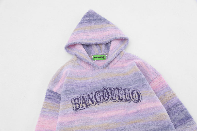 Sweet Contrast Color Gradient Striped Couple Hooded Knitted Top Sweater - The Number 1 Things