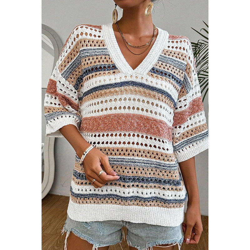 Autumn New Color Matching Hollow Out V-neck Sweater For Women - The Number 1 Things
