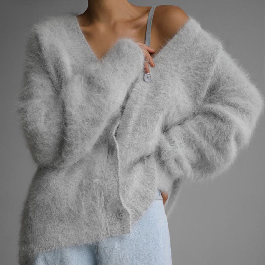 Loose V-Neck Button Cardigan Soft Fur Sweater For Women