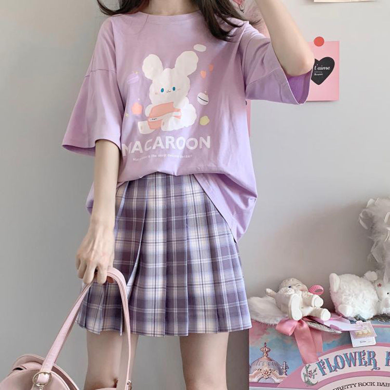 Printed Macaron Rabbit Baby T-shirt Women Pure Cotton Short-sleeved Bottoming Shirt Top