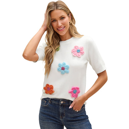 Three-dimensional Flower Decoration Half-sleeve Top European And American Commuters' Knitted - The Number 1 Things