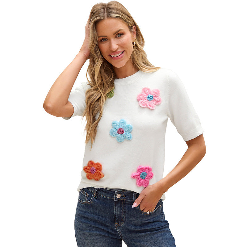 Three-dimensional Flower Decoration Half-sleeve Top European And American Commuters' Knitted - The Number 1 Things