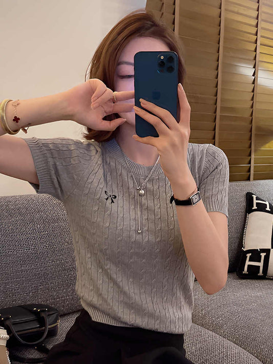 All-matching Pullover Bow Embroidery Twist Knitted Short Sleeve - The Number 1 Things