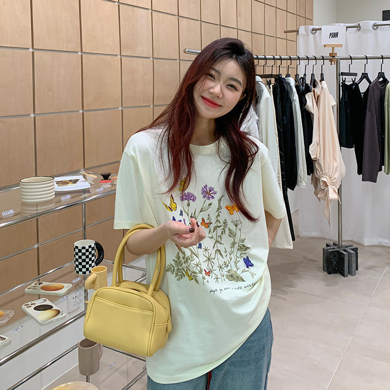 New Pure Cotton Heel Wrapped Collar Personality Flower Print Top - The Number 1 Things