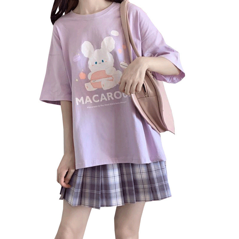 Printed Macaron Rabbit Baby T-shirt Women Pure Cotton Short-sleeved Bottoming Shirt Top