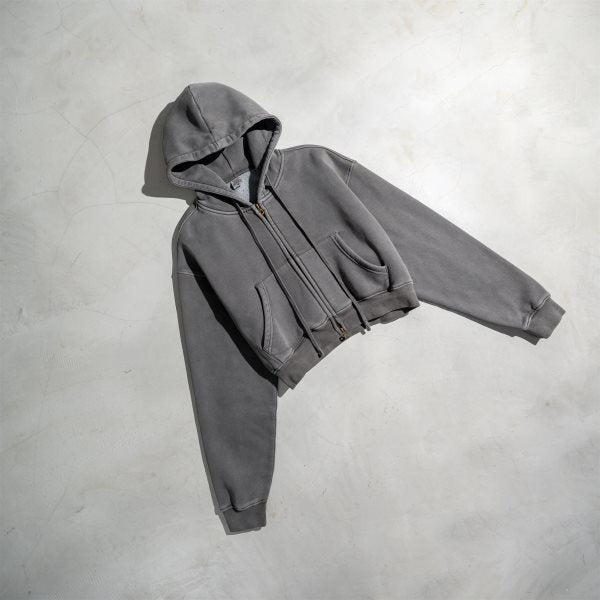 Retro Washed Color Contrast Short Hooded Zip Cardigan Sweater - The Number 1 Things