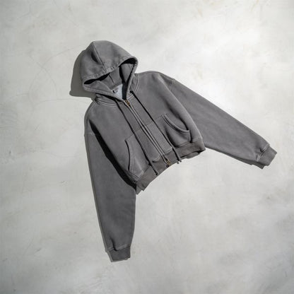 Retro Washed Color Contrast Short Hooded Zip Cardigan Sweater - The Number 1 Things