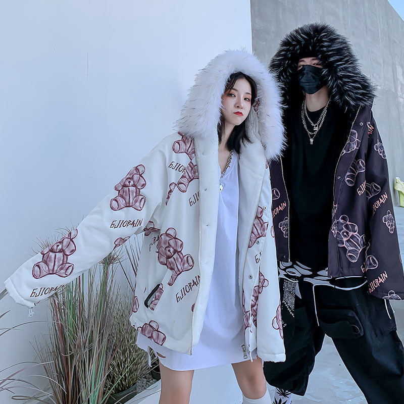 Bear print couple cotton jacket