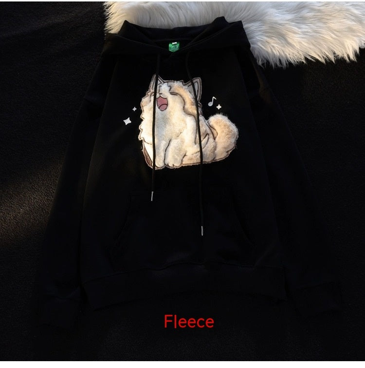 Embroidered Kitten Female Fleece-lined Thickened Hooded Sweatshirt - The Number 1 Things