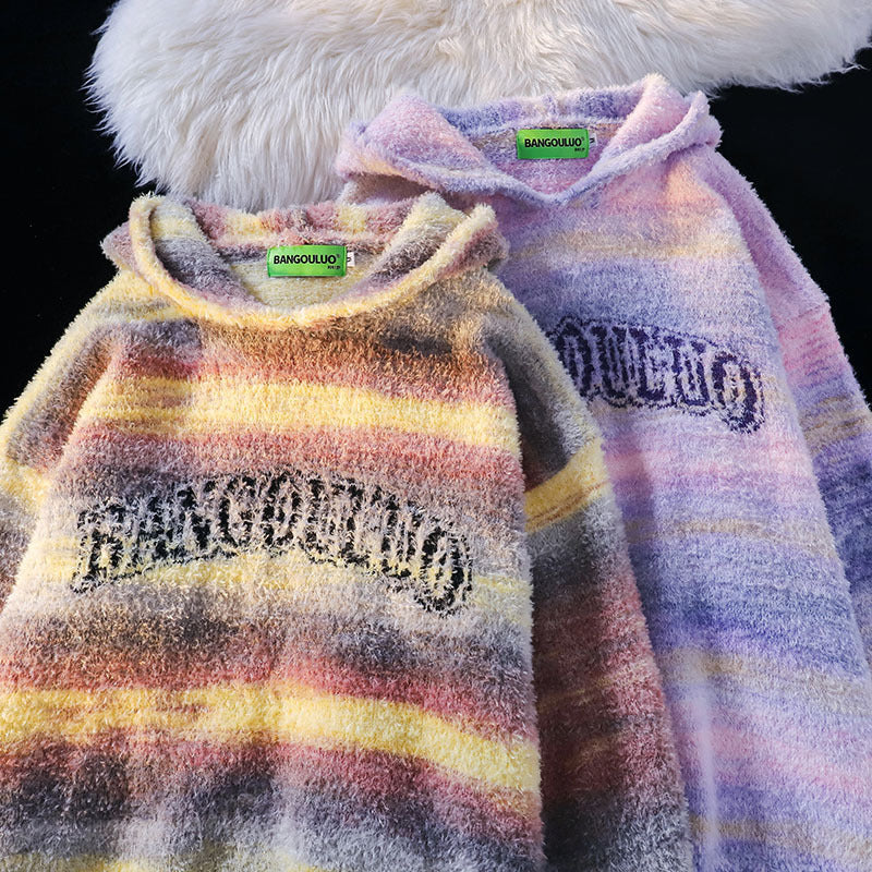 Sweet Contrast Color Gradient Striped Couple Hooded Knitted Top Sweater - The Number 1 Things