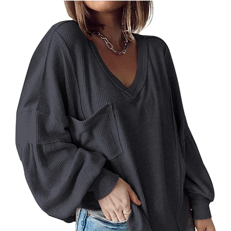 Casual V-neck Pocket Lantern Sleeve Loose Knitted Pullover Shirt Women - The Number 1 Things