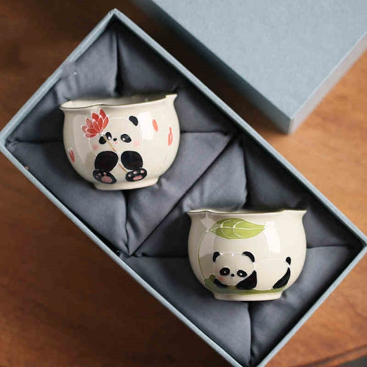 Hand Painted Panda Tea Cup Grass Wood Gray Ceramic High Temperature Underglaze Color